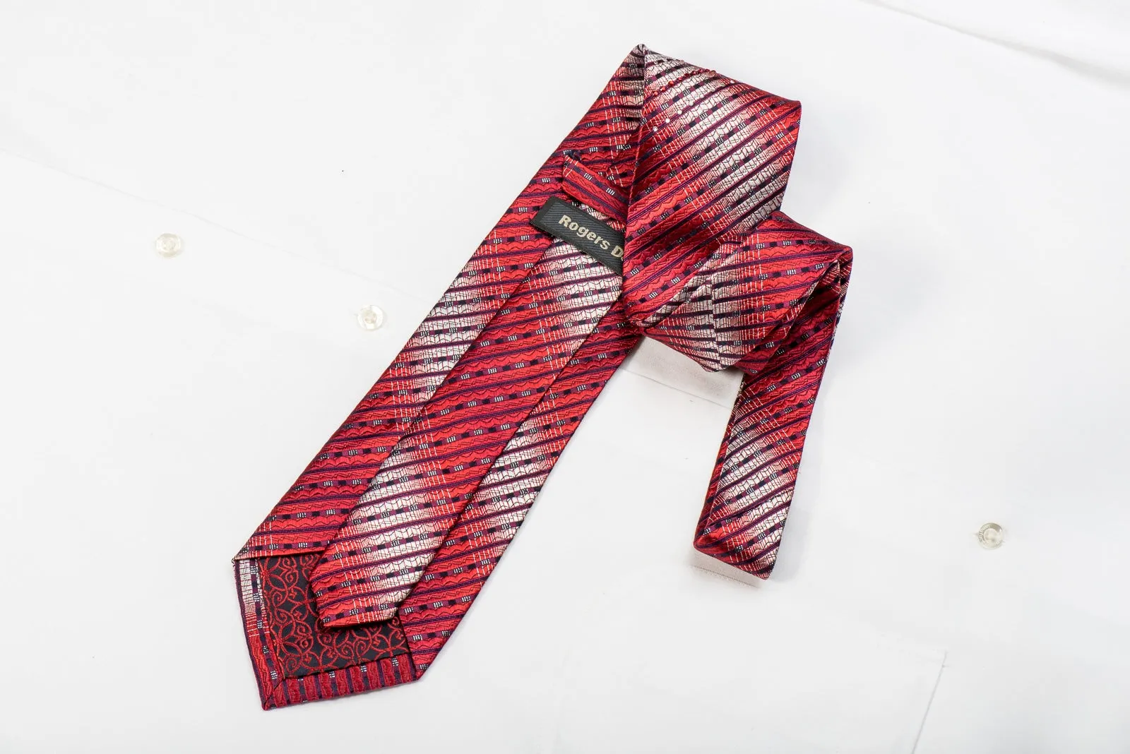 Rogers Dail Men's Crystal Silk Tie Red Silver Striped With Silver Sparkles