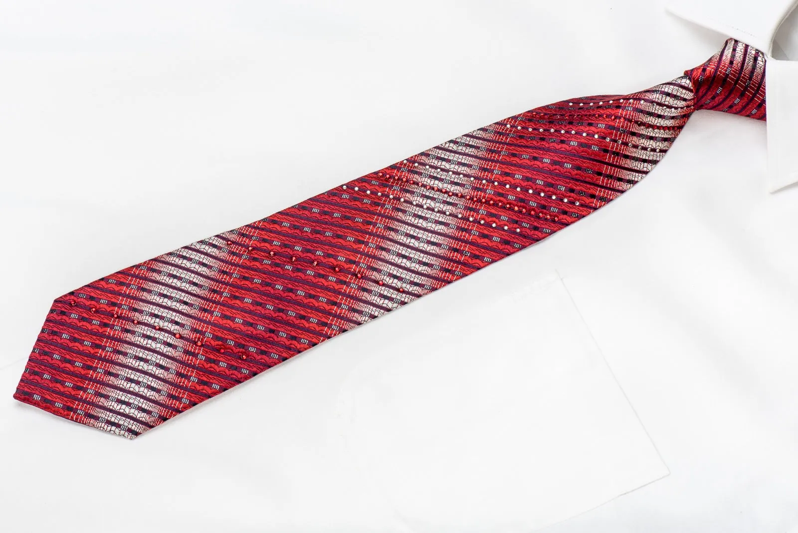 Rogers Dail Men's Crystal Silk Tie Red Silver Striped With Silver Sparkles