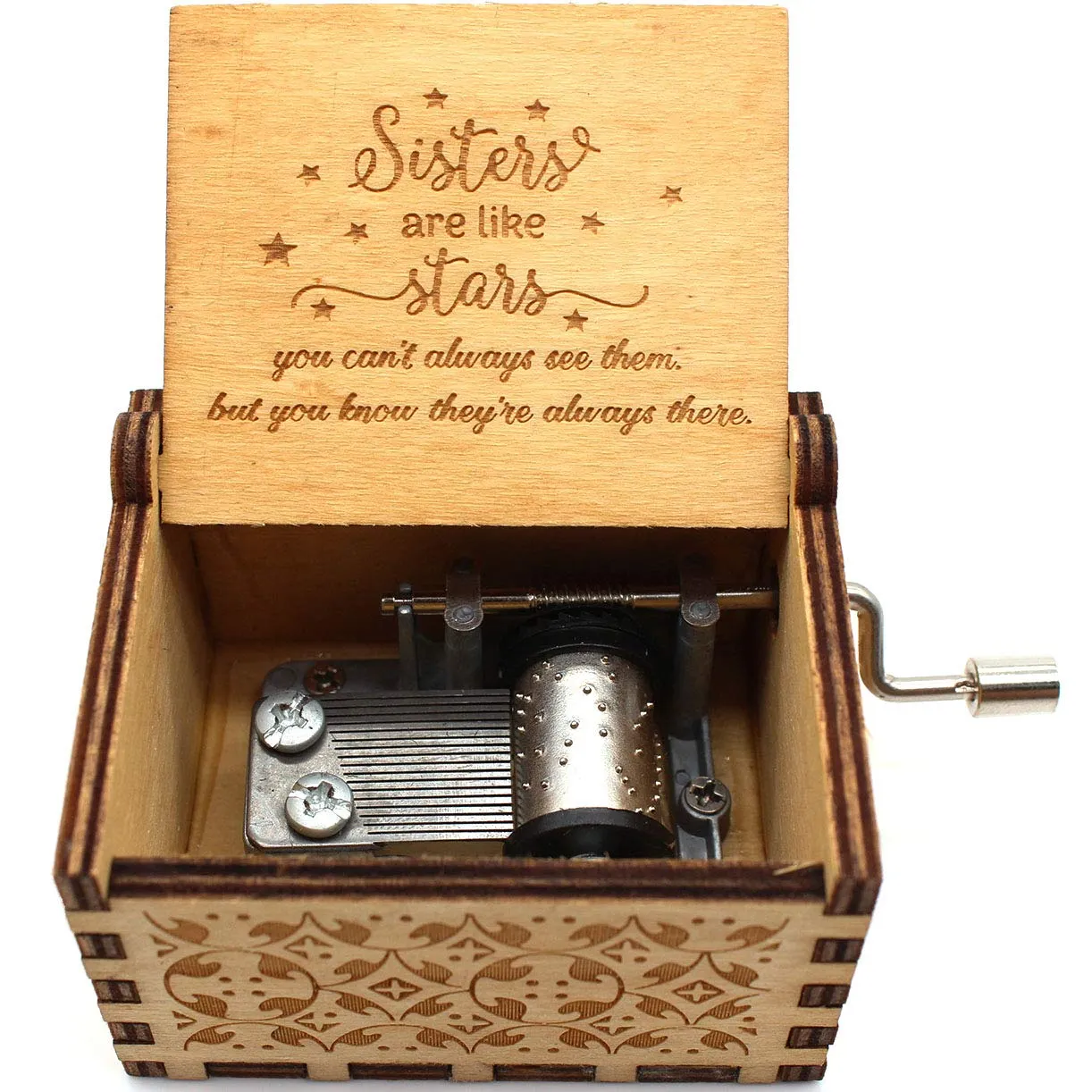 Sisters are Like Stars Music Box: Hand-Cranked Wood Carved Melody (1 Piece)