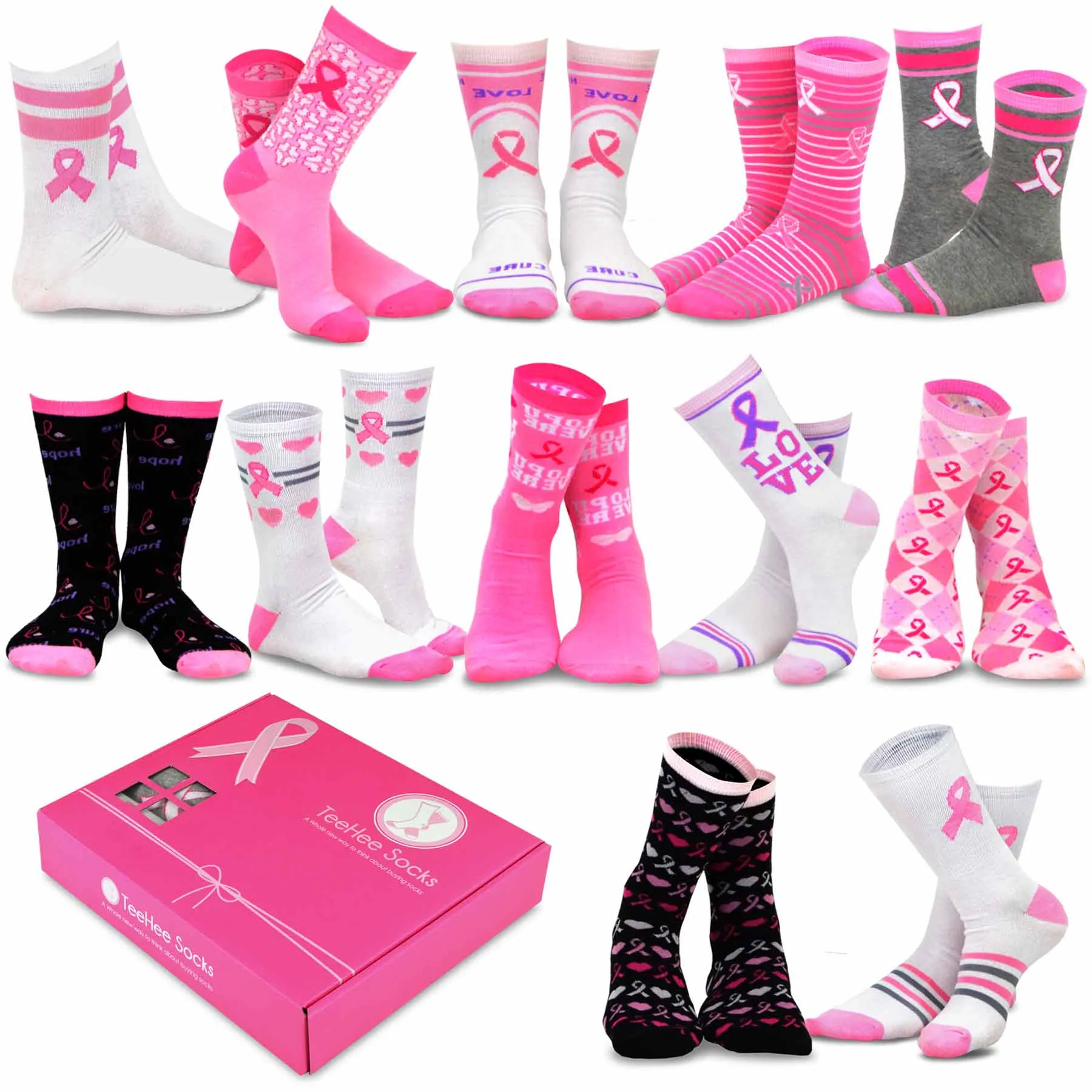 TeeHee Socks Women's Pink Ribbon 2 Crew 12-Pack Gift Box(12036)